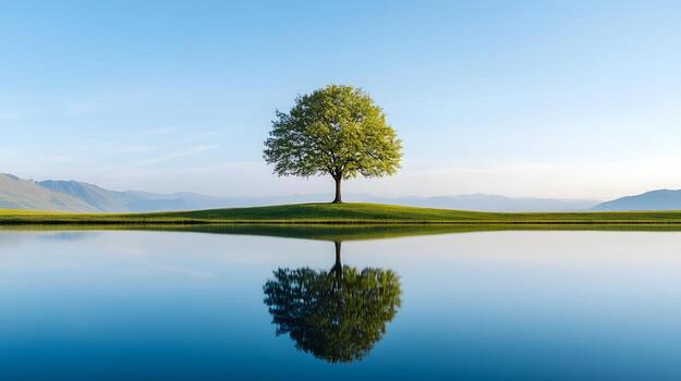 Solitary Tree Reflected in Serene Pond,Symbolizing Stability and Rooted Values photo