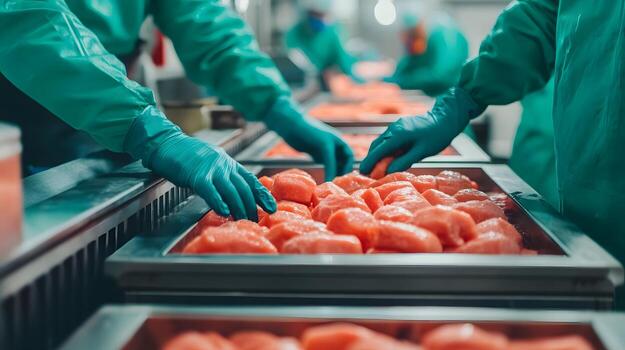 Workers Sorting Fresh Produce Before Canning in Factory Processing Line photo