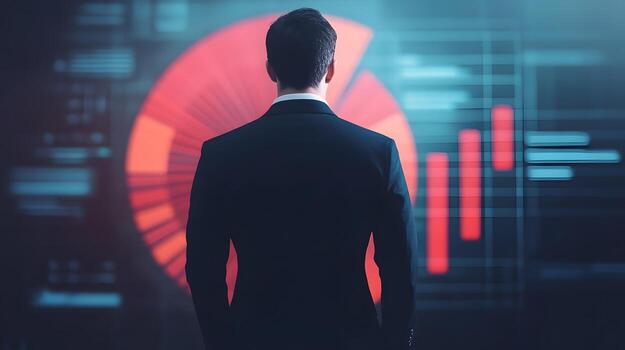 Businessman Analyzing Digital Pie Chart for Informed Business Strategies photo