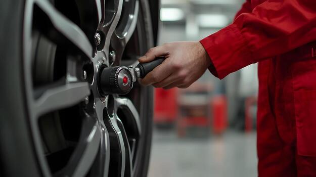 Skilled Mechanic Tightening Wheel Nuts with Torque Wrench for Secure Tire Installation photo