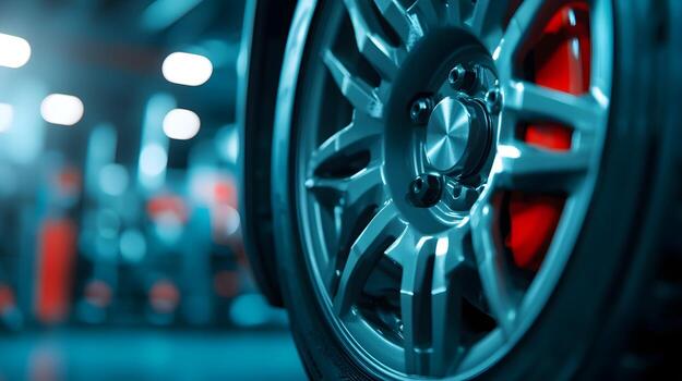 High-Tech Wheel Alignment Machine Adjusting Car Tires in Professional Garage photo