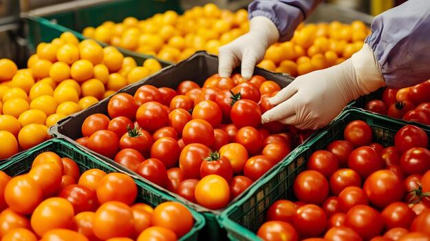 Workers Sorting Fresh Produce in Factory Before Canning and Processing photo