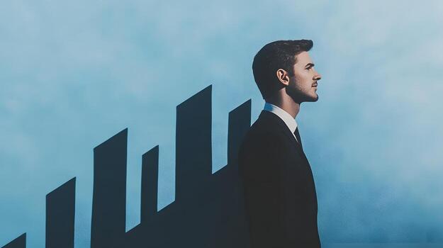 Silhouette of a Businessman with Data Analytics Graphs Shaping His Shadow,Symbolizing the Impact of photo