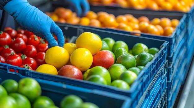 Workers Sorting Fresh Fruits and Vegetables in a Production Facility for Control photo