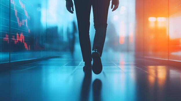 Businessman Stride Overlaid with Productivity Analytics Charts photo