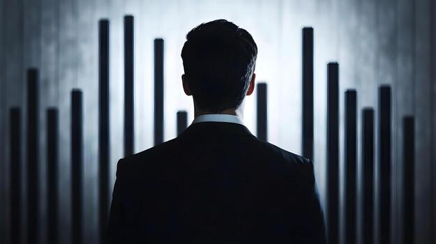 Silhouette of Businessman with Bar Graph Shadow Symbolizing Analytics-Driven Decisions and photo