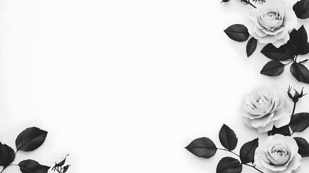 Delicate Rose Sketch Art Arranged in Corners of Blank Canvas photo