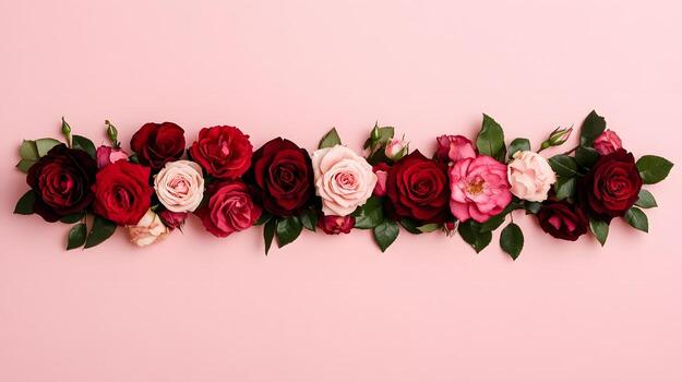 Vibrant Red and Pink Roses Arranged in Floral Header Layout on a Light Pink Background photo