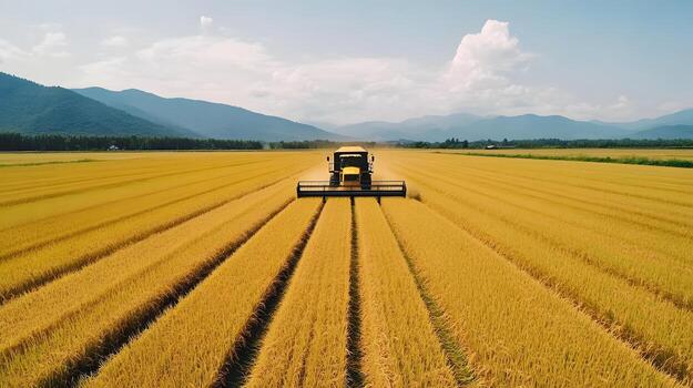 Modern Combine Harvester Working in Golden Rice Field Under Sunny Sky photo