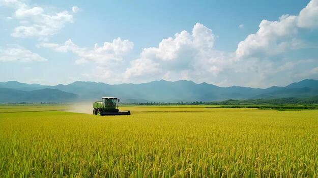 Modern Combine Harvester Working in Golden Rice Field under Sunny Sky. photo