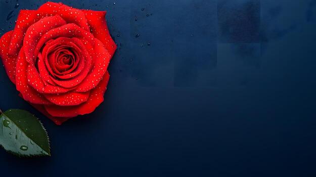 Vibrant Red Rose with Water Droplets Against Dark Gradient Background photo
