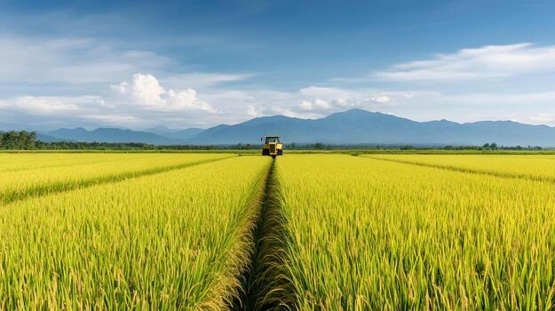 Modern Combine Harvester Working in a Golden Rice Field Under Sunny Sky photo