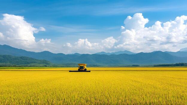 Combine Harvester Working in a Golden Rice Field Under Sunny Skies photo