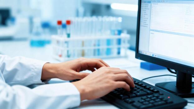 Scientist working on a computer in a laboratory setting, typing on a keyboard. photo