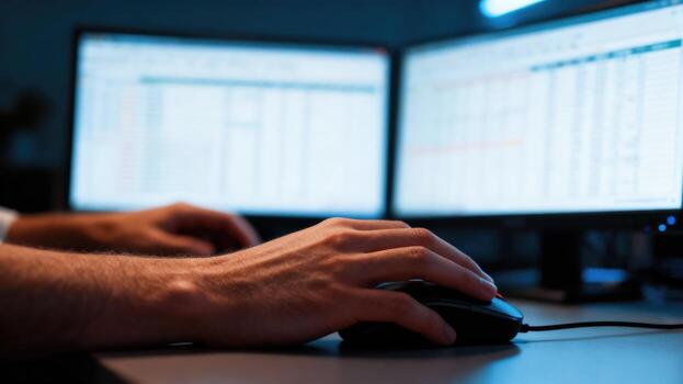 Close up of hands using a computer mouse near two computer monitors. photo