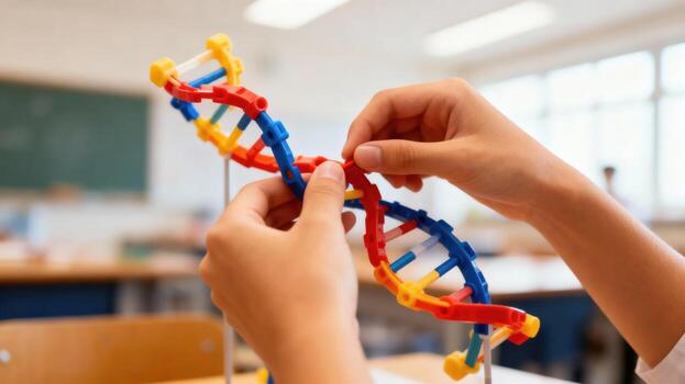Hands assembling a colorful DNA model in a classroom setting. photo