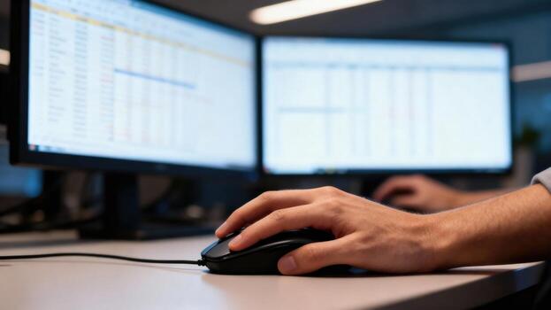 Close up of a person's hand using a computer mouse at a desk. photo
