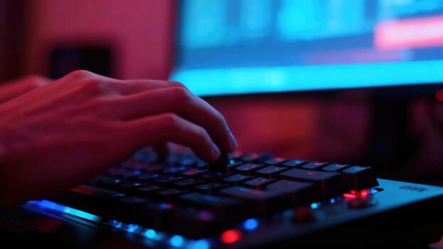 Hands typing on a backlit keyboard in a dimly lit room with a computer screen. photo