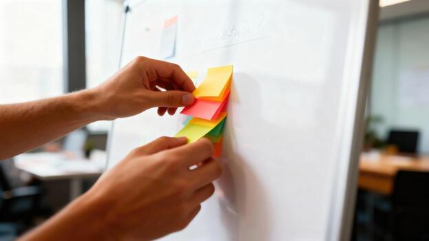 Hands placing colorful sticky notes on a whiteboard during a brainstorming session. photo