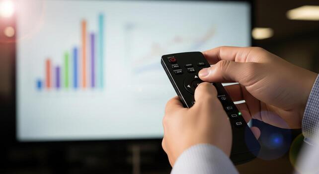 persona utilizando un remoto controlar a navegar un presentación en un grande pantalla. foto