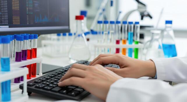 Scientist working in a laboratory with test tubes and computer. photo
