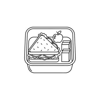 Healthy and convenient packed lunch concept featuring a fresh sandwich, apple, and snacks in a simple line art style vector