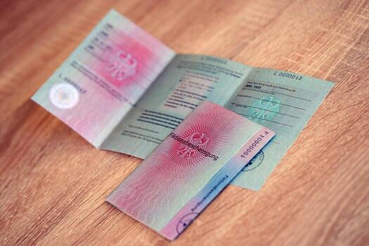 A passport is open on a wooden table photo