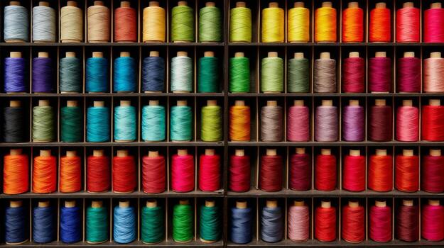 Assorted thread spools in vibrant colors on shelf. Neural network photo