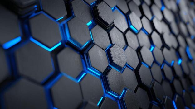 Metallic hexagonal pattern with blue glow. Neural network photo
