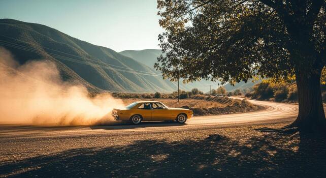 yellow classic car dust devil road trip adventure photo