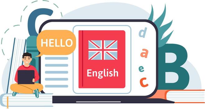 Student learning English online using digital platform vector