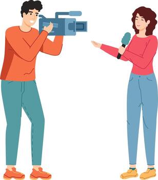 Journalists reporting live news filming an interview vector