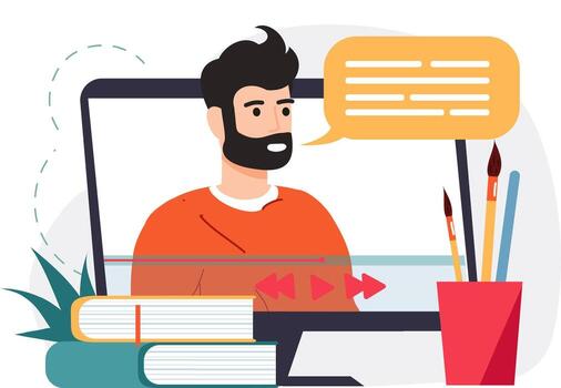 Man learning online virtual art class tutorial on computer vector