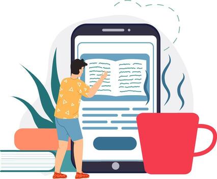 Man studying e book on smartphone learning app vector