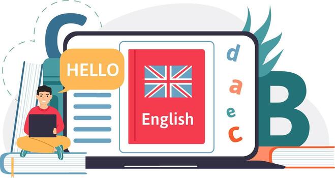 Student learning English language online with e learning course vector