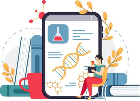 mujer aprendizaje Ciencias en línea utilizando tableta y teléfono inteligente vector