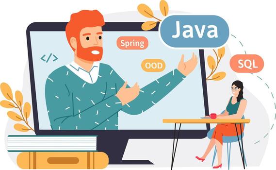 Remote learning programming online course with Java developer vector