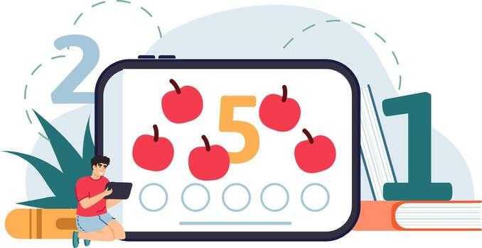 Student learning counting numbers with educational app on tablet vector
