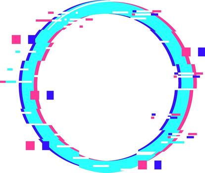 Glitch circle frame with digital distortion effect vector