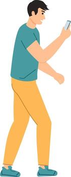 Man walking while using smartphone browsing social media vector
