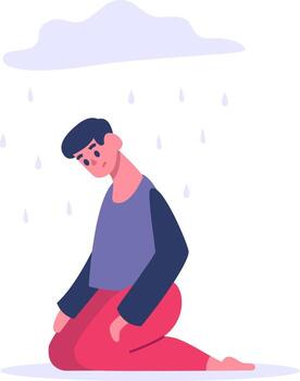 Man experiencing sadness and depression crouching under a rain cloud vector