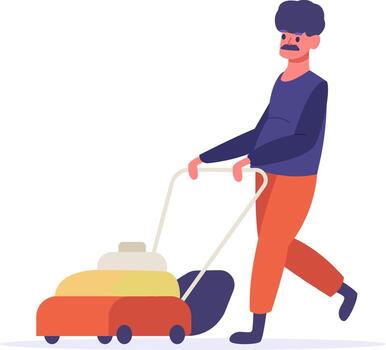 Man mowing lawn with push mower doing yard work vector