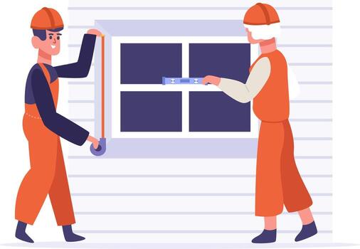 Construction workers installing window, measuring and leveling vector