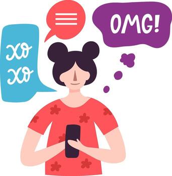 mujer enviando texto mensajes utilizando teléfono comunicación aplicación vector