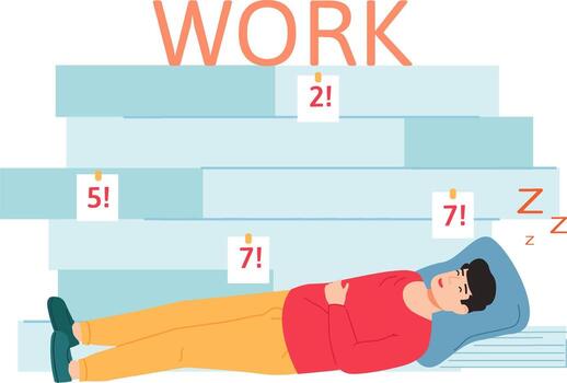 Tired man sleeping on stack of uncompleted documents vector