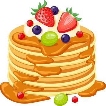 apilar de panqueques con jarabe y Fresco bayas vector