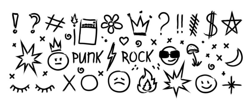 Abstract hand drawn elements punk graffiti doodles and scribbles of different shapes, Smileys crown stars arrows and various symbols drawn with chalk or pencil, elements isolate vector
