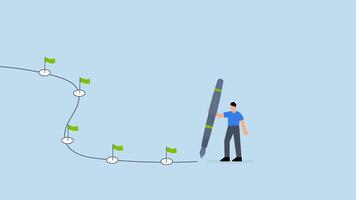 flujo de trabajo, empresario dibujar flujo de trabajo línea con logro bandera hitos utilizando lápiz video