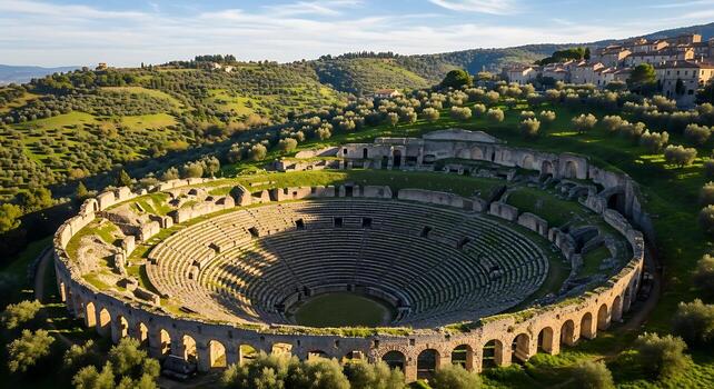 Ancient Roman Amphitheater Surrounded by Lush Green Hills Under Bright Blue Sky photo