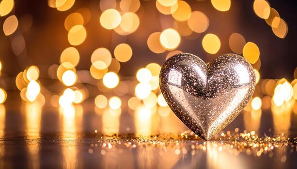 un reluciente, metálico corazón descansa en un superficie de dorado destellos, bañado en cálido, difundido ligero desde borroso bokeh luces. foto